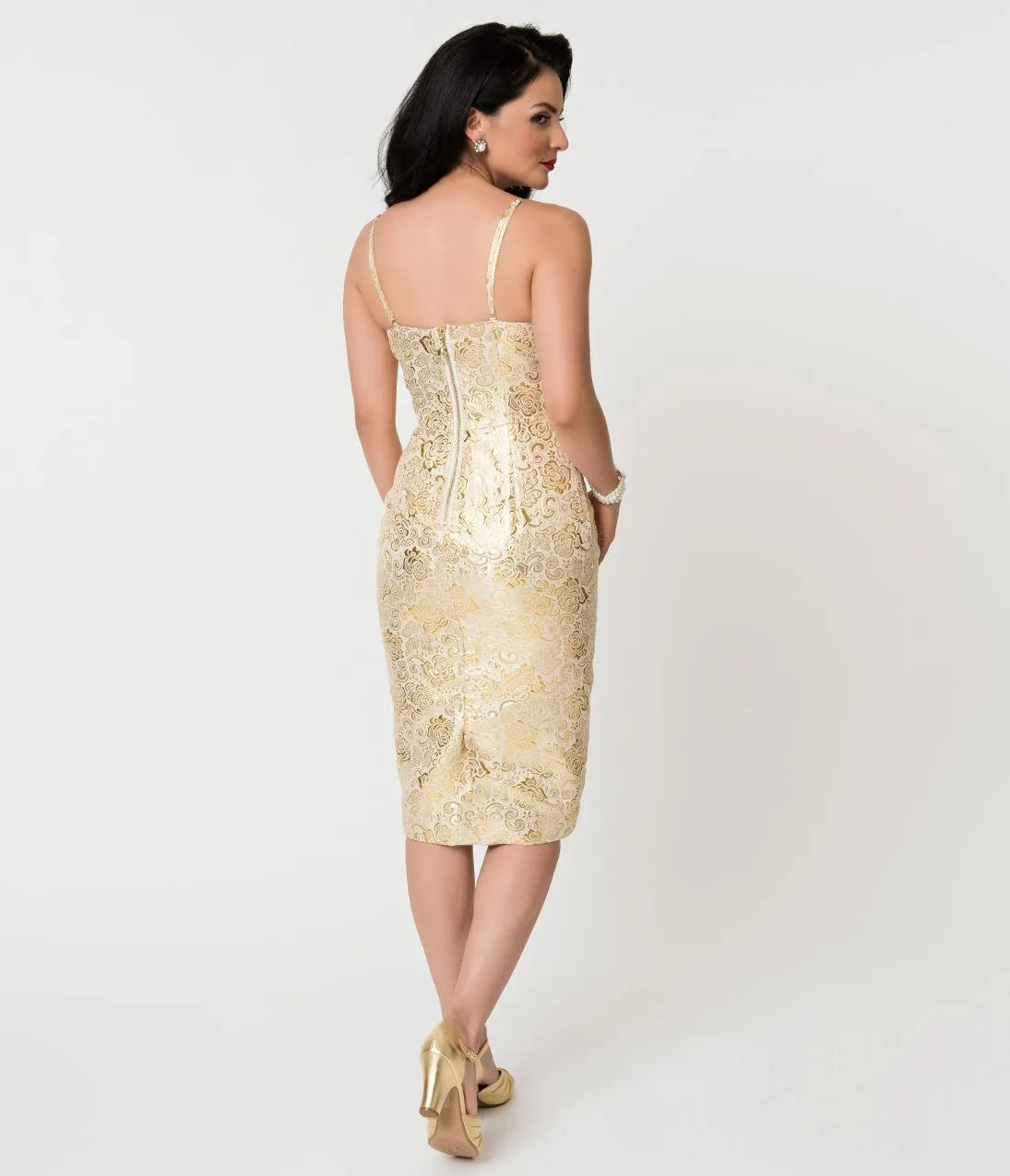 Barbie x Unique Vintage Golden Girl Brocade Sheath Dress