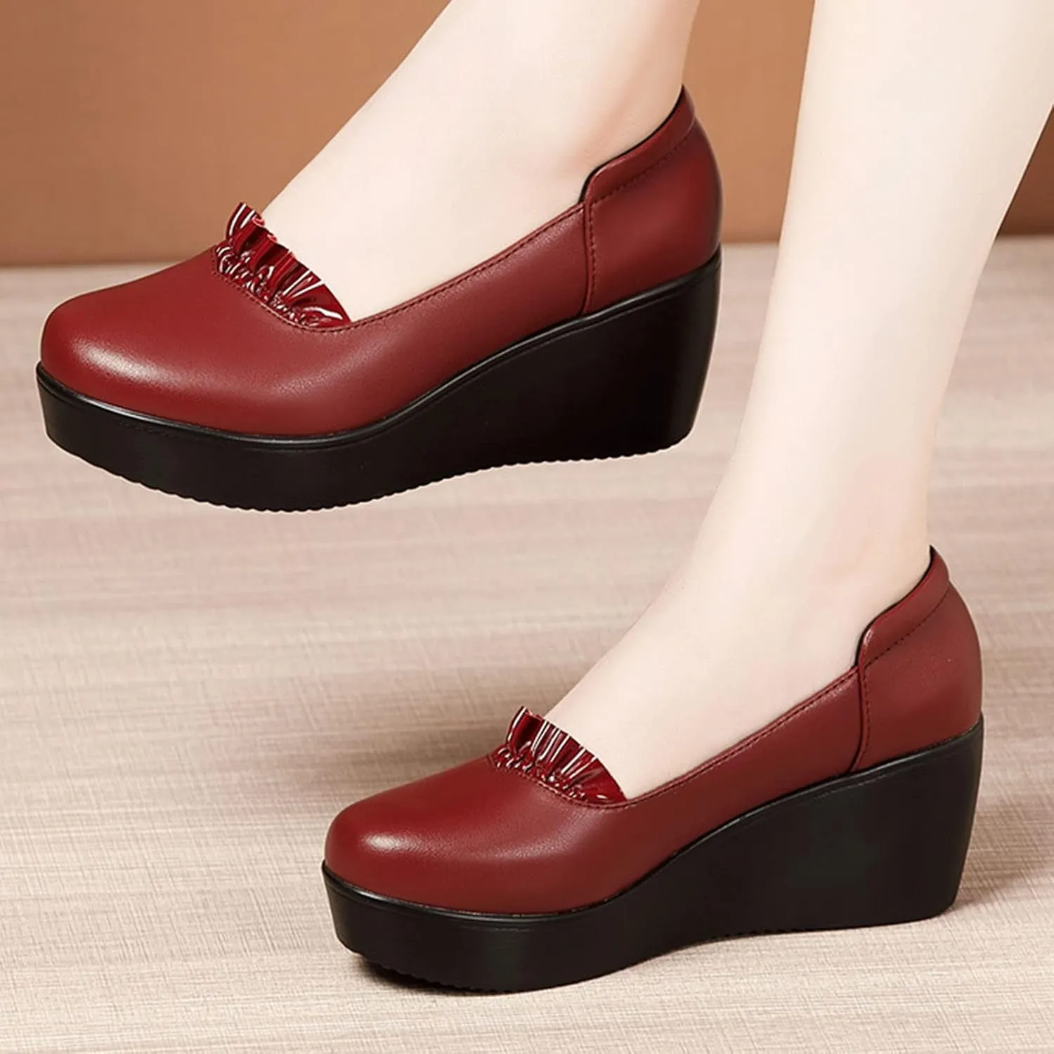 BlackeEight Women's Slip On Wedge Platform Dress Pumps,Lightweight Comfort Closed Toe Orthopedic Wedding Party Leather Shoes