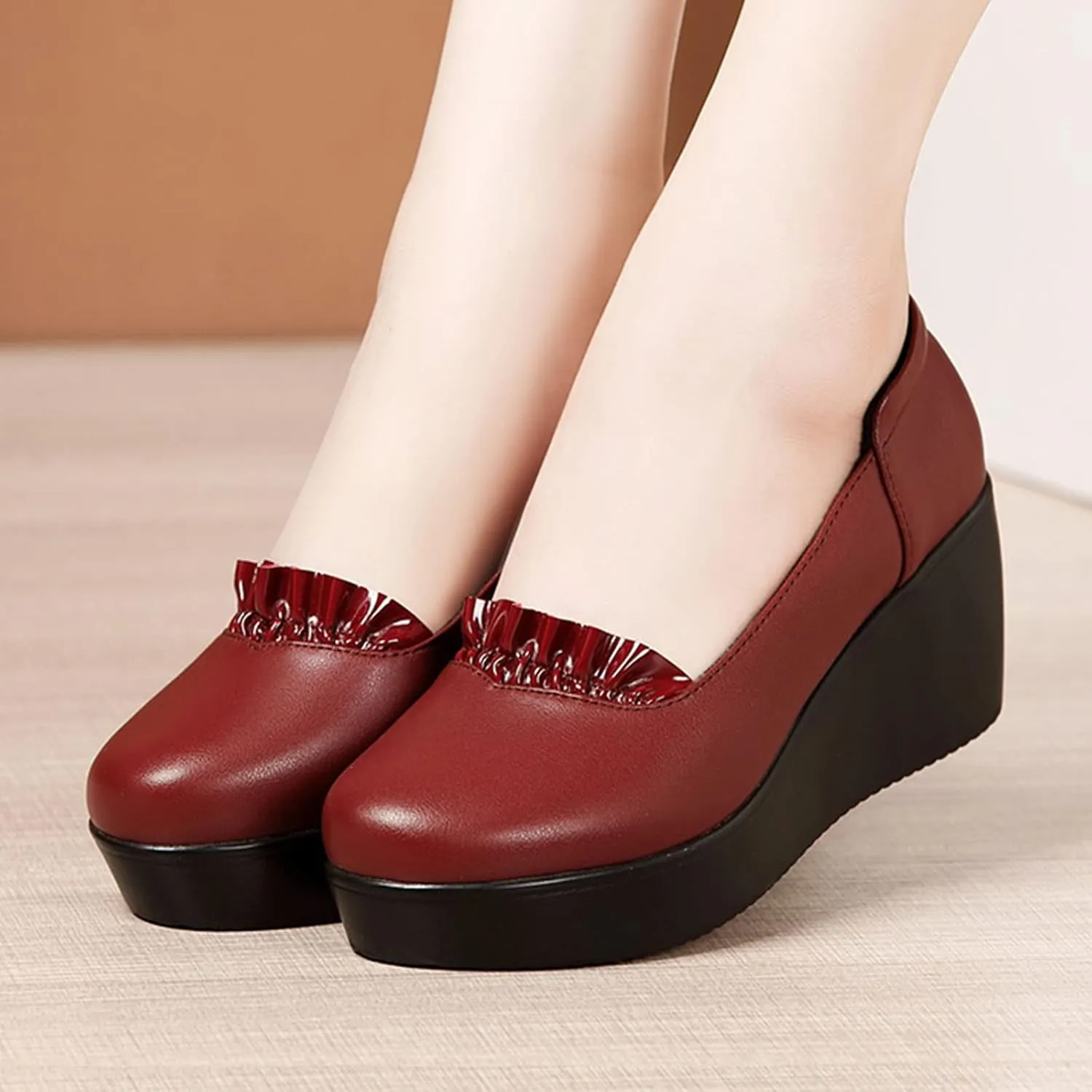 BlackeEight Women's Slip On Wedge Platform Dress Pumps,Lightweight Comfort Closed Toe Orthopedic Wedding Party Leather Shoes