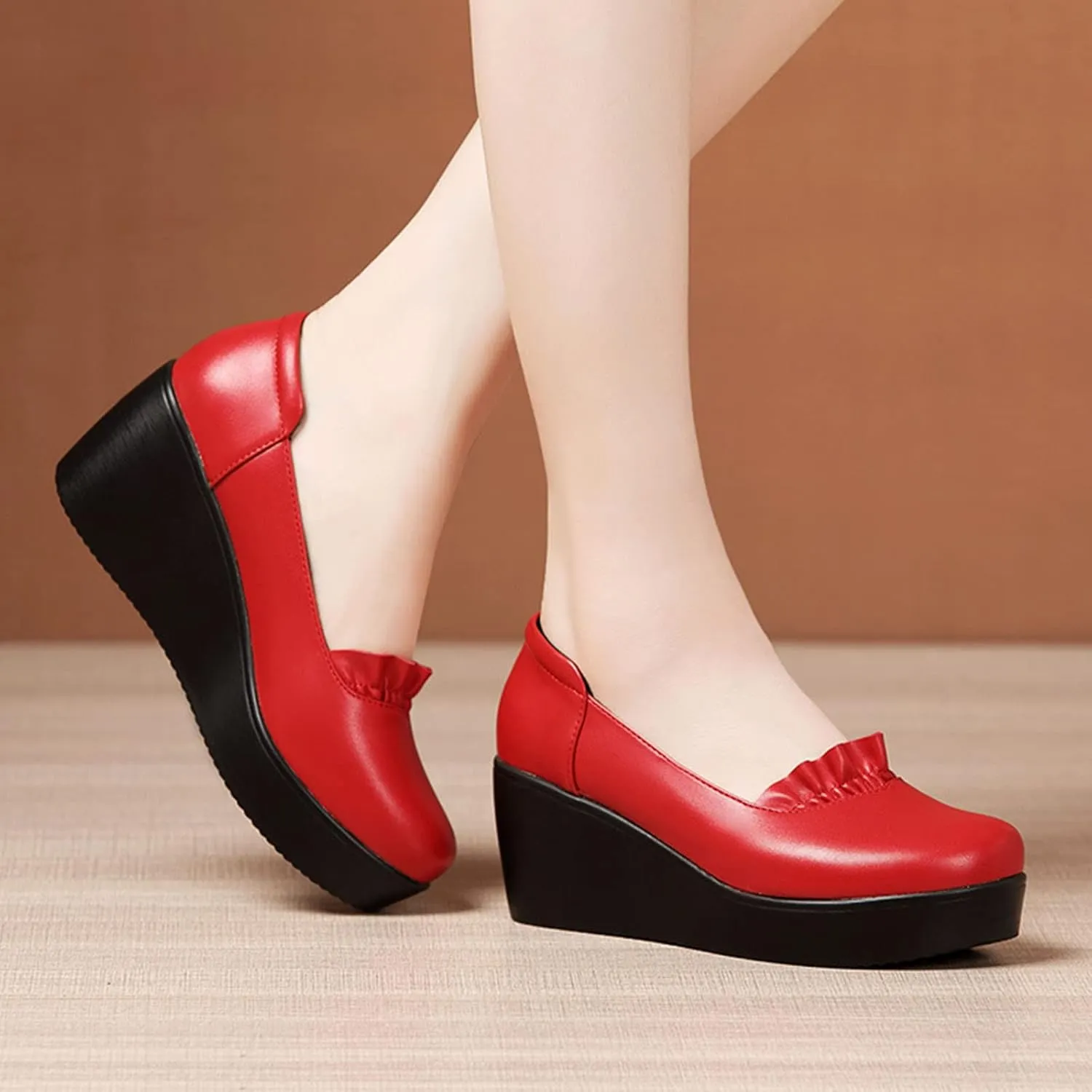 BlackeEight Women's Slip On Wedge Platform Dress Pumps,Lightweight Comfort Closed Toe Orthopedic Wedding Party Leather Shoes