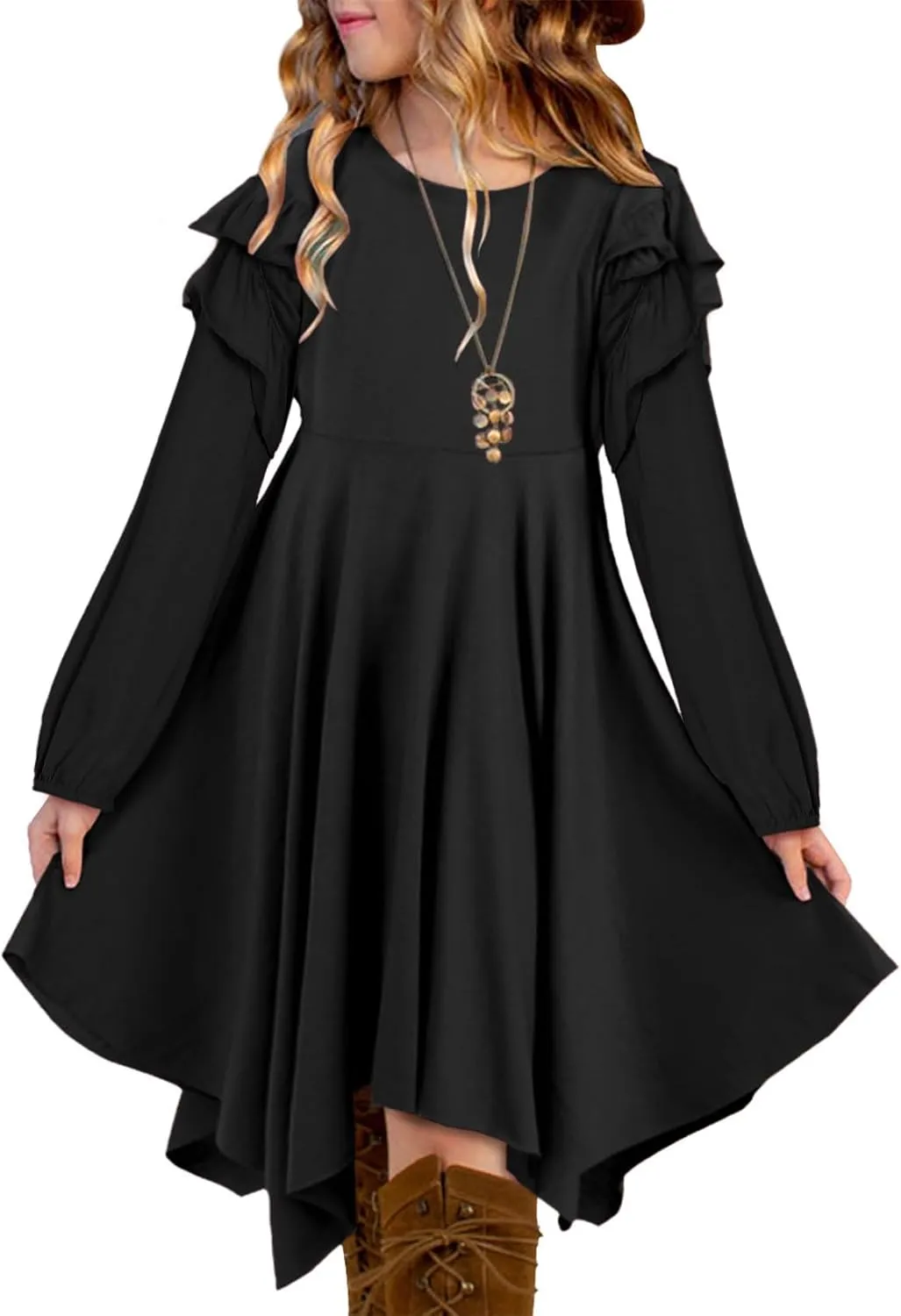 blibean Girl Long Sleeve High Low Dresses Tween Cute Swing Dress Size 6-15 Years