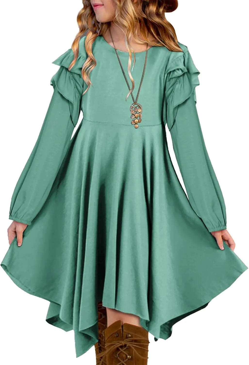 blibean Girl Long Sleeve High Low Dresses Tween Cute Swing Dress Size 6-15 Years