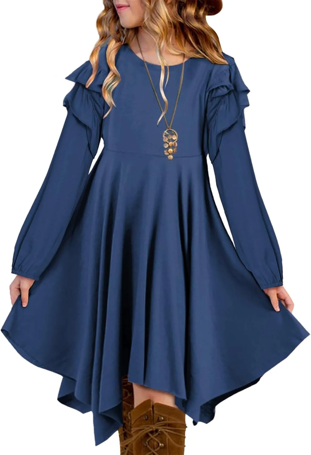 blibean Girl Long Sleeve High Low Dresses Tween Cute Swing Dress Size 6-15 Years