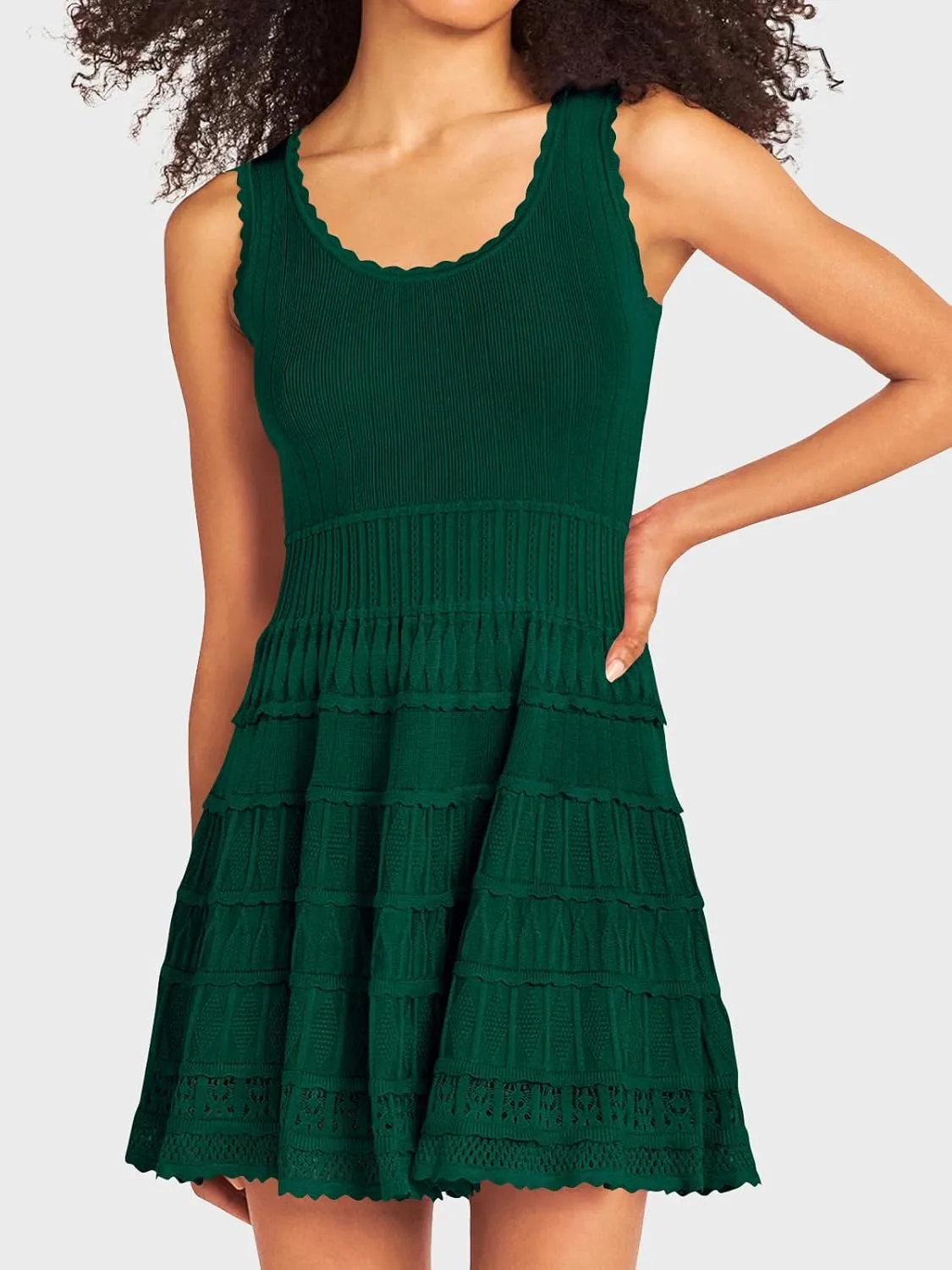 Fisoew Womens Summer Mini Dresses Casual Crewneck Knitted Crochet Hem Flowy Tank Sundress