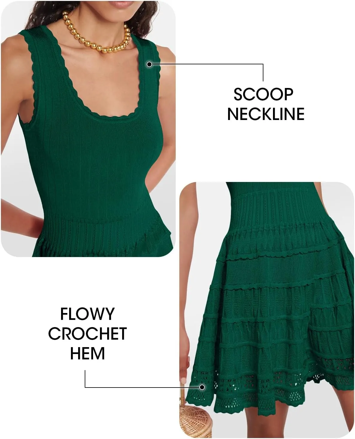 Fisoew Womens Summer Mini Dresses Casual Crewneck Knitted Crochet Hem Flowy Tank Sundress
