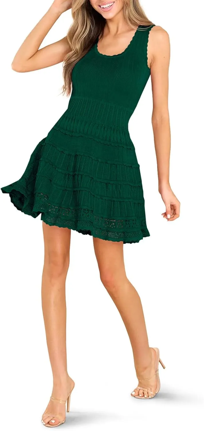 Fisoew Womens Summer Mini Dresses Casual Crewneck Knitted Crochet Hem Flowy Tank Sundress