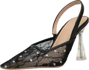 getmorebeauty Women's Kitten Sequin Slingback Heels Pumps Sandals Lace Mesh Pointed Toe Bridal Wedding Shoes