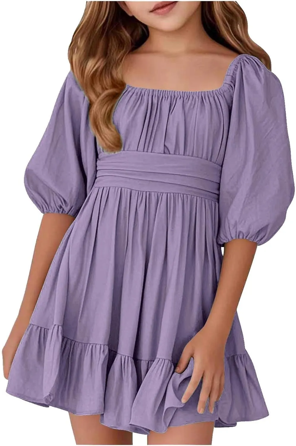 Girls Summer Dresses Girls Square Neck Lantern Sleeve Tie Backless Ruffle A-Line Party Mini Dress