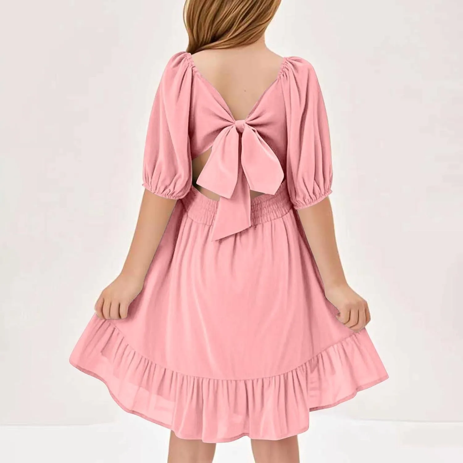 Girls Summer Dresses Girls Square Neck Lantern Sleeve Tie Backless Ruffle A-Line Party Mini Dress