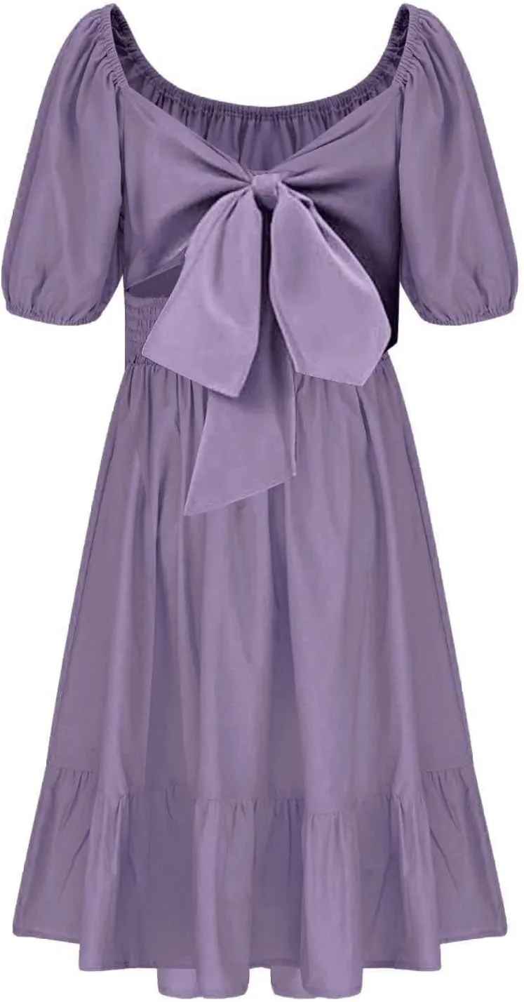 Girls Summer Dresses Girls Square Neck Lantern Sleeve Tie Backless Ruffle A-Line Party Mini Dress