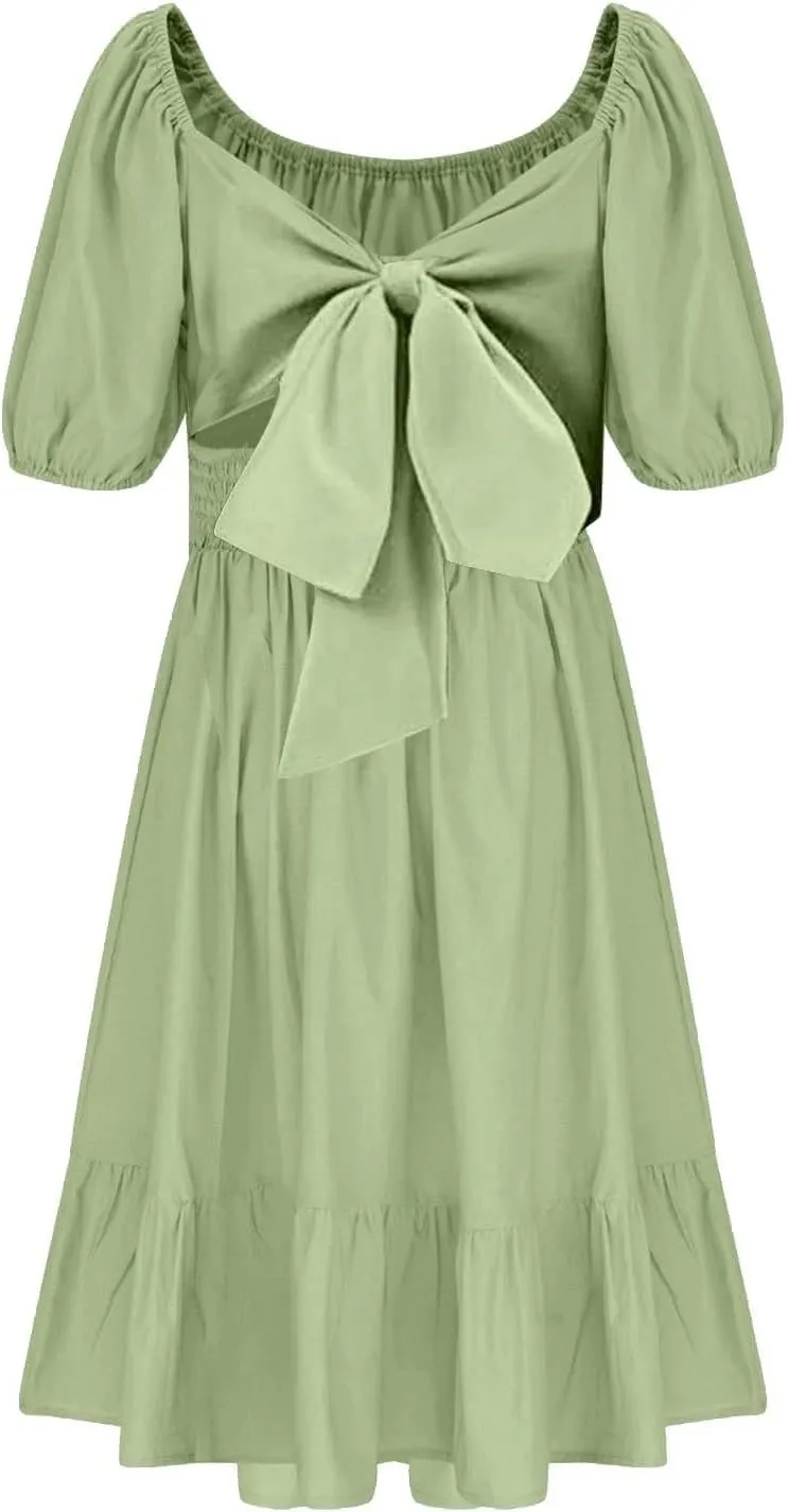 Girls Summer Dresses Girls Square Neck Lantern Sleeve Tie Backless Ruffle A-Line Party Mini Dress