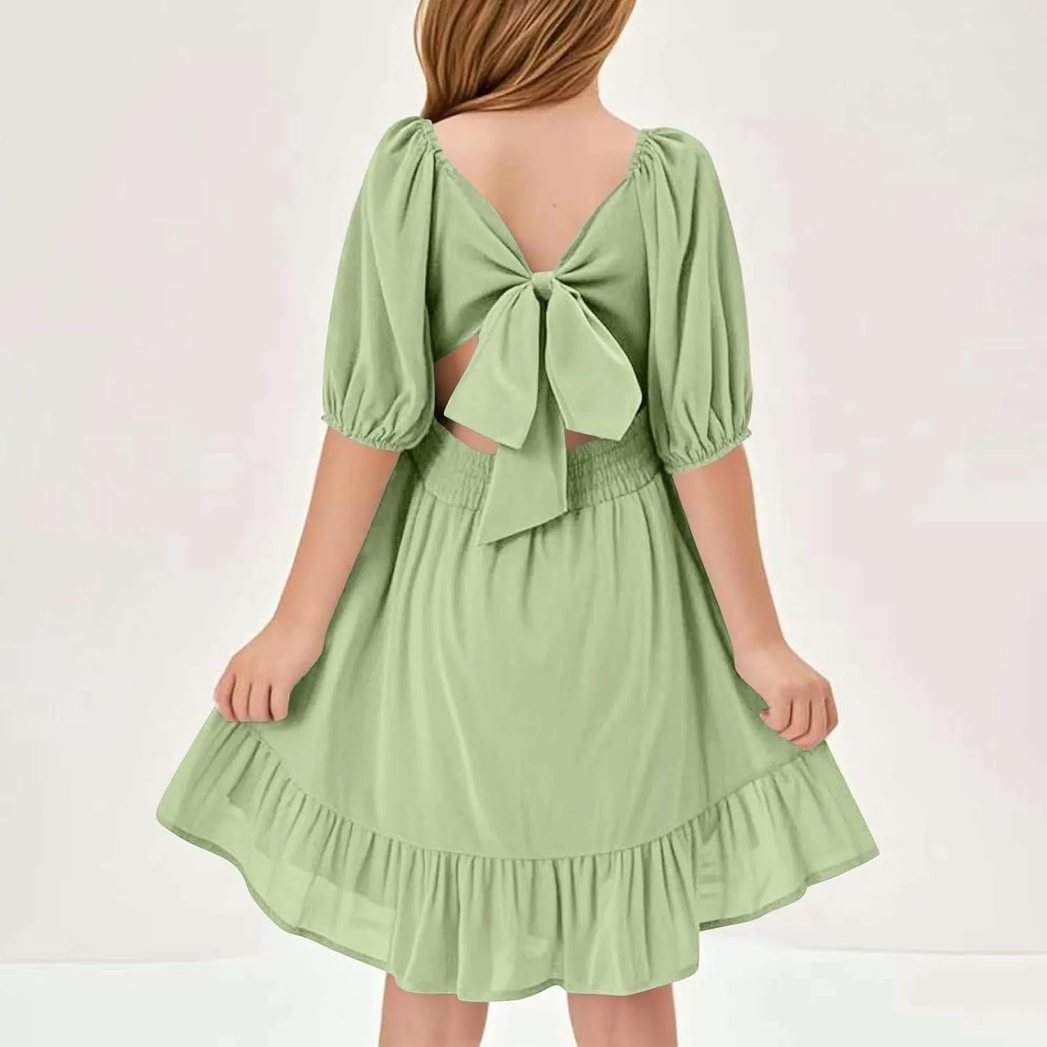 Girls Summer Dresses Girls Square Neck Lantern Sleeve Tie Backless Ruffle A-Line Party Mini Dress