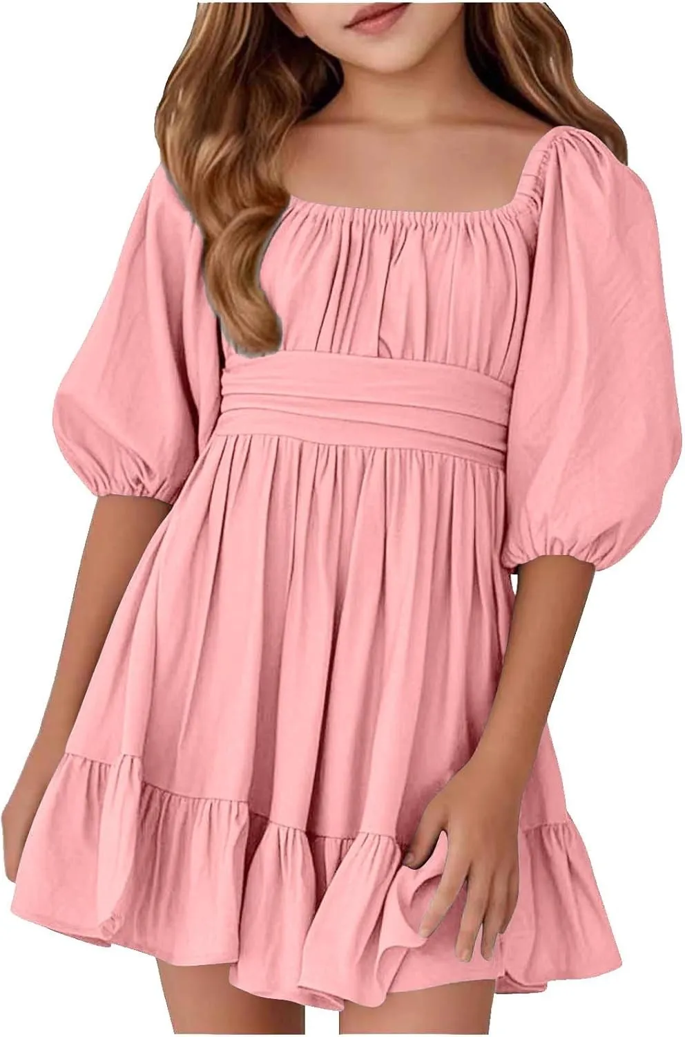 Girls Summer Dresses Girls Square Neck Lantern Sleeve Tie Backless Ruffle A-Line Party Mini Dress