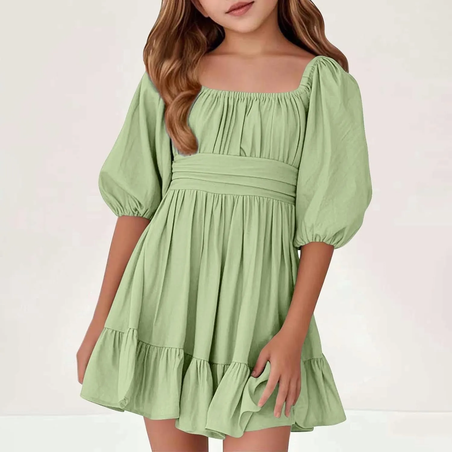Girls Summer Dresses Girls Square Neck Lantern Sleeve Tie Backless Ruffle A-Line Party Mini Dress