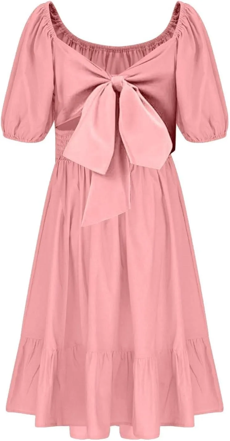 Girls Summer Dresses Girls Square Neck Lantern Sleeve Tie Backless Ruffle A-Line Party Mini Dress