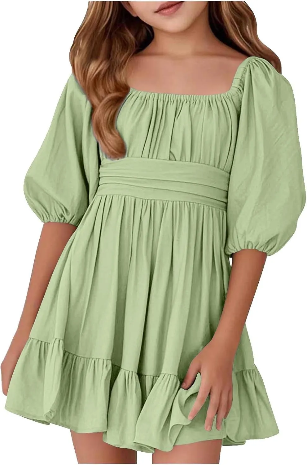 Girls Summer Dresses Girls Square Neck Lantern Sleeve Tie Backless Ruffle A-Line Party Mini Dress