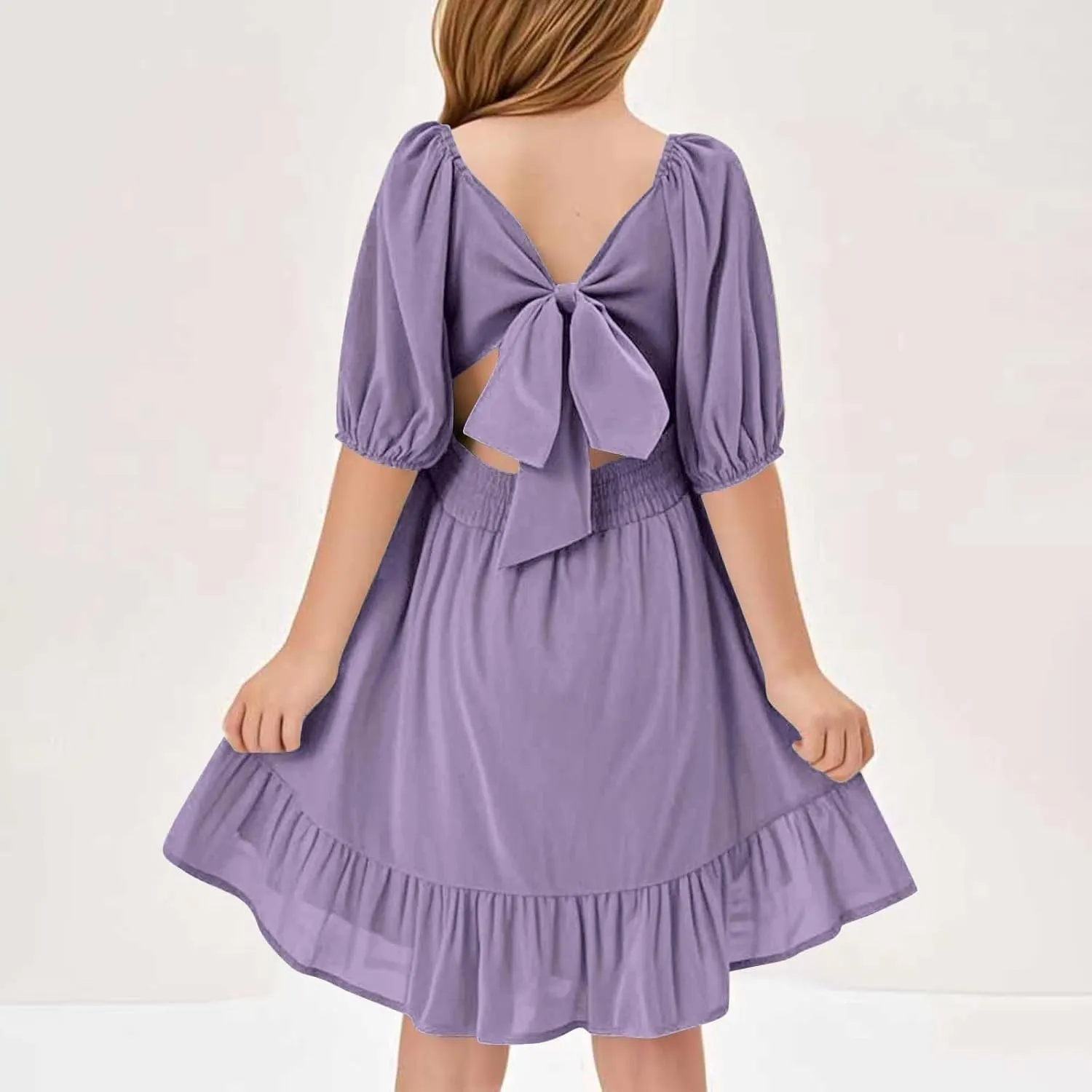 Girls Summer Dresses Girls Square Neck Lantern Sleeve Tie Backless Ruffle A-Line Party Mini Dress