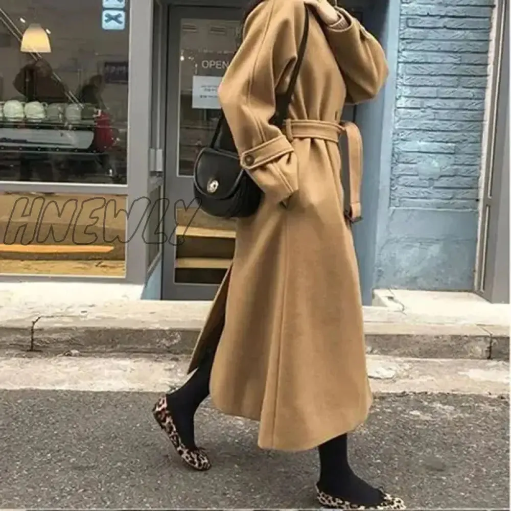 Hnewly Winter Korean Women Faux Woolen Coats Fashion Elegant Solid Belt Thickening Long Jacket Female Loose All Match Blends Outwear