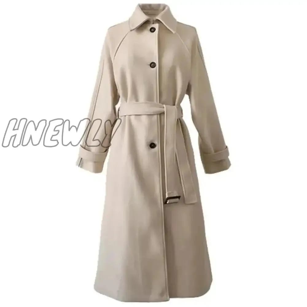 Hnewly Winter Korean Women Faux Woolen Coats Fashion Elegant Solid Belt Thickening Long Jacket Female Loose All Match Blends Outwear