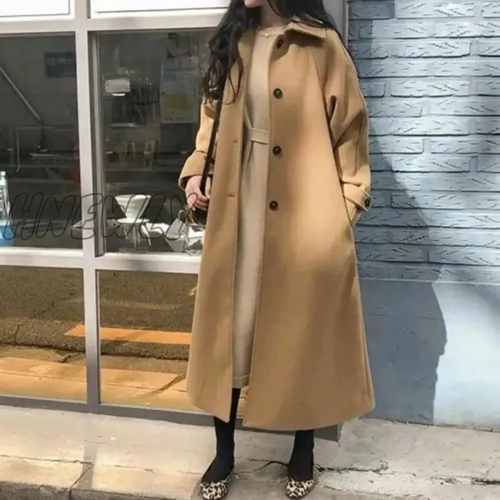 Hnewly Winter Korean Women Faux Woolen Coats Fashion Elegant Solid Belt Thickening Long Jacket Female Loose All Match Blends Outwear