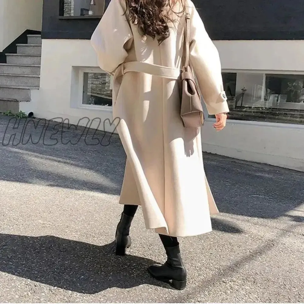 Hnewly Winter Korean Women Faux Woolen Coats Fashion Elegant Solid Belt Thickening Long Jacket Female Loose All Match Blends Outwear