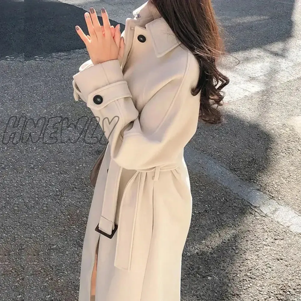 Hnewly Winter Korean Women Faux Woolen Coats Fashion Elegant Solid Belt Thickening Long Jacket Female Loose All Match Blends Outwear