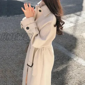 Hnewly Winter Korean Women Faux Woolen Coats Fashion Elegant Solid Belt Thickening Long Jacket Female Loose All Match Blends Outwear