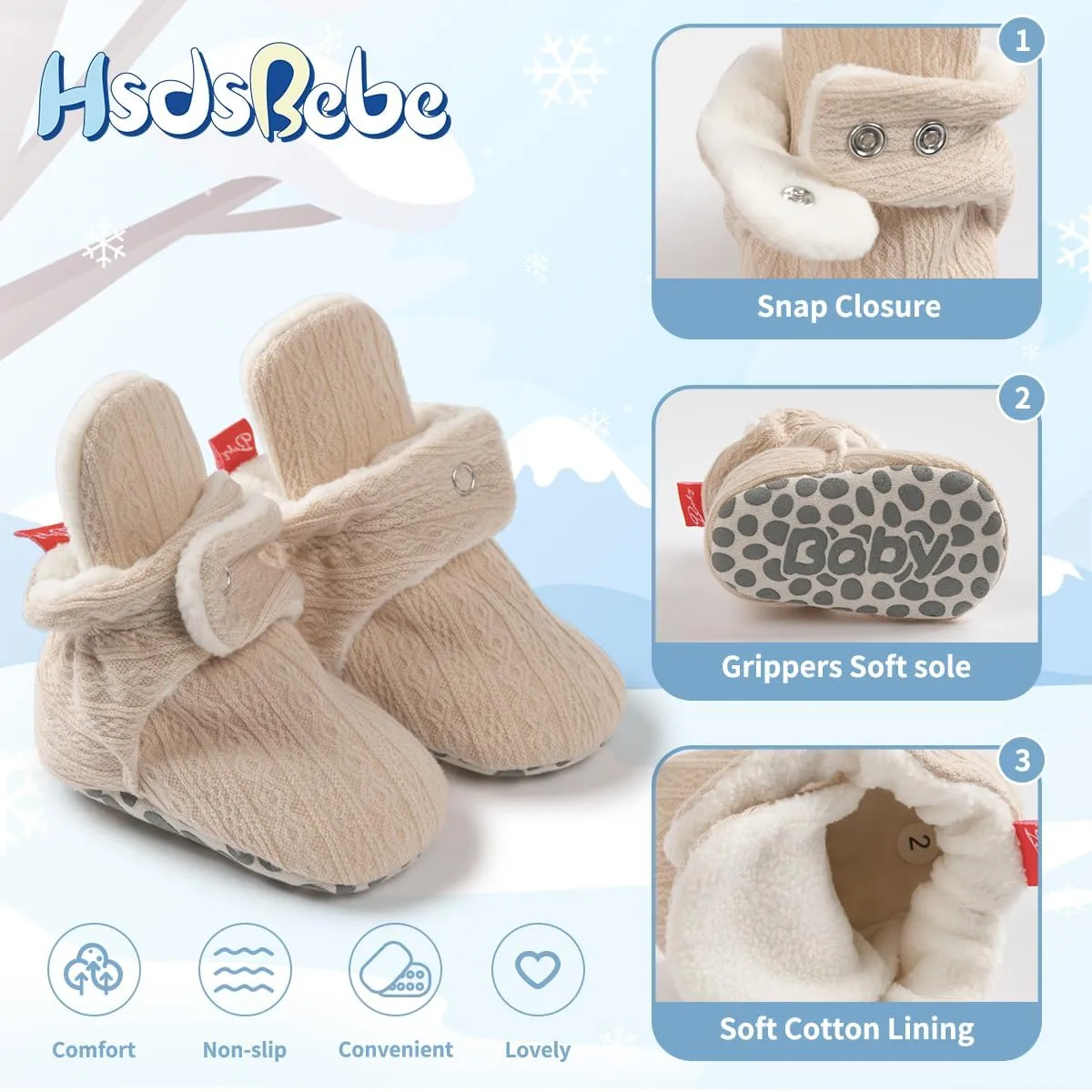 HsdsBebe Unisex Newborn Baby Cotton Booties Non-Slip Sole for Toddler Boys Girls Infant Winter Warm Fleece Cozy Socks Shoes