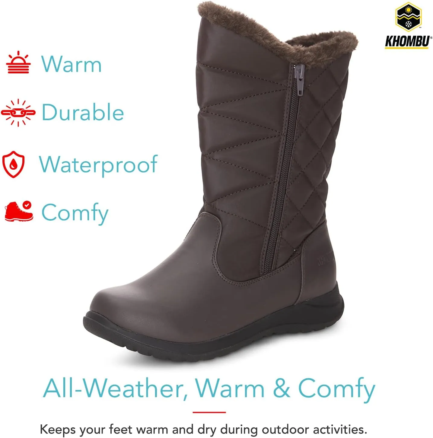Khombu Women's Carly Winter Boots Warm Faux Fur-Lined Tall Mid-Calf Height with Dual Zippers