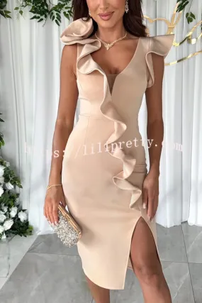 Lightness and Sophistication Rose Shaped Ruffle Trim Pencil Cut Slit Midi Dress