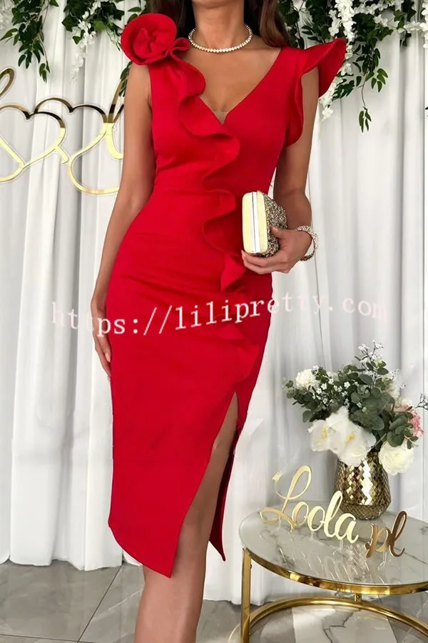 Lightness and Sophistication Rose Shaped Ruffle Trim Pencil Cut Slit Midi Dress