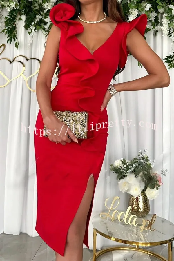 Lightness and Sophistication Rose Shaped Ruffle Trim Pencil Cut Slit Midi Dress