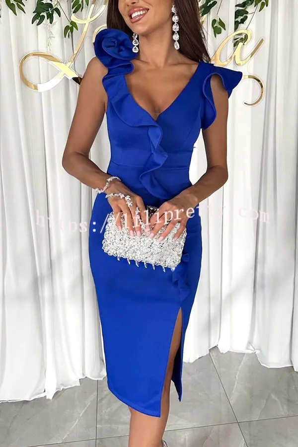 Lightness and Sophistication Rose Shaped Ruffle Trim Pencil Cut Slit Midi Dress