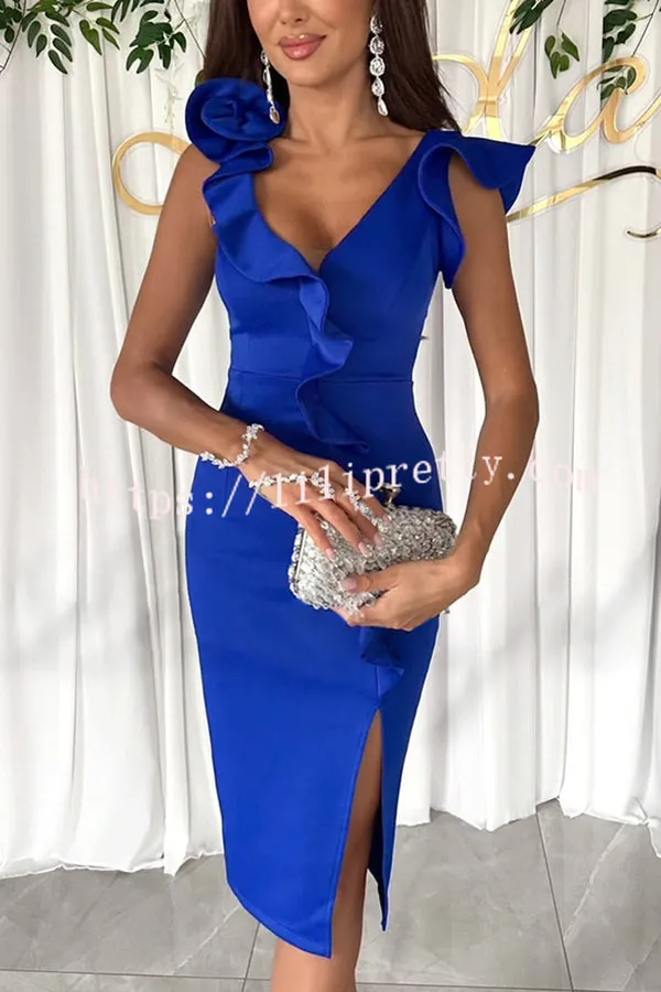 Lightness and Sophistication Rose Shaped Ruffle Trim Pencil Cut Slit Midi Dress