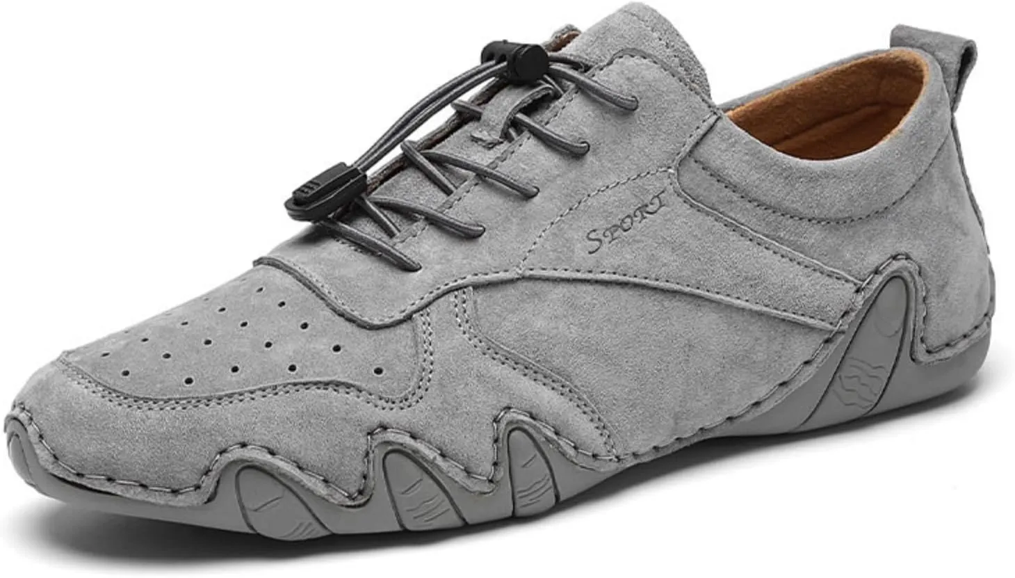 Men's Leather Slip-On Sneakers for Business Casual Breathable Lightweight Shoes with Elastic Laces & Non-Slip Sole - Vintage Driving Loafers & Outdoor Walking Shoes