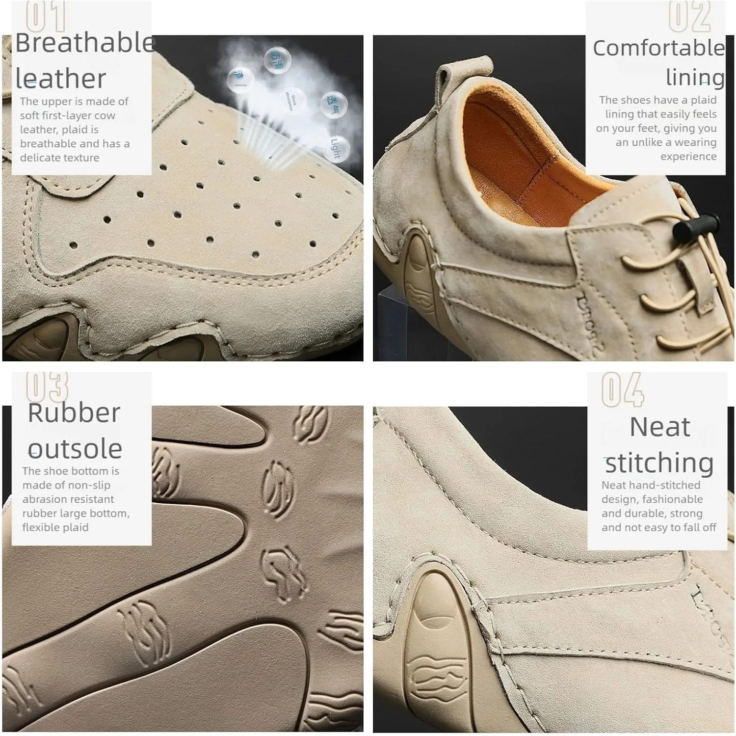 Men's Leather Slip-On Sneakers for Business Casual Breathable Lightweight Shoes with Elastic Laces & Non-Slip Sole - Vintage Driving Loafers & Outdoor Walking Shoes