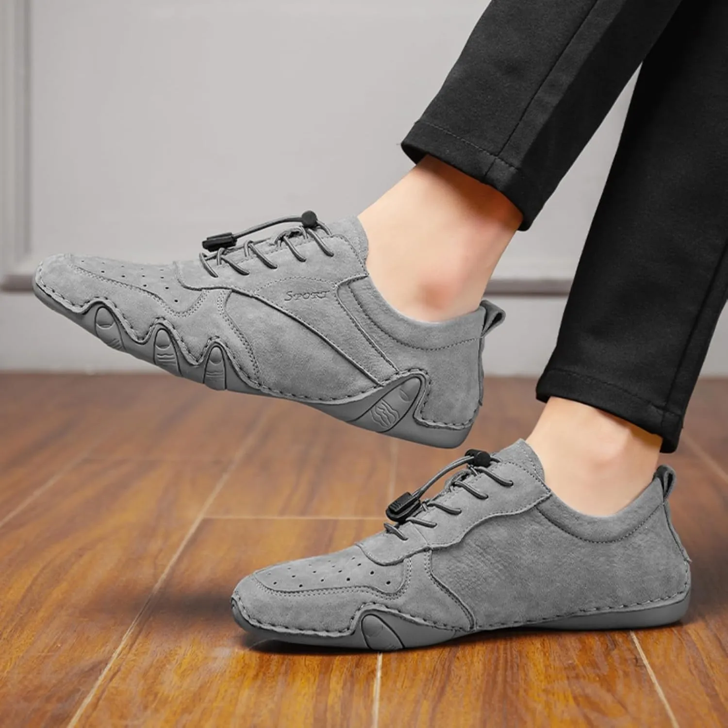 Men's Leather Slip-On Sneakers for Business Casual Breathable Lightweight Shoes with Elastic Laces & Non-Slip Sole - Vintage Driving Loafers & Outdoor Walking Shoes