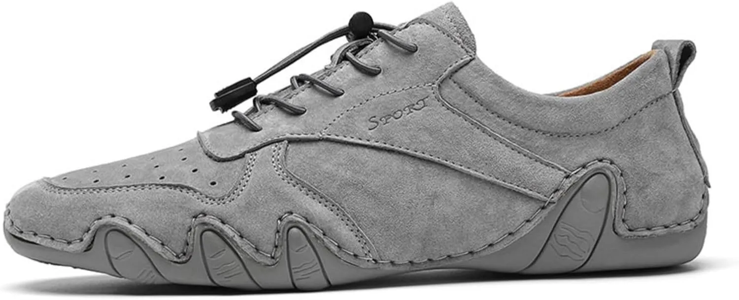 Men's Leather Slip-On Sneakers for Business Casual Breathable Lightweight Shoes with Elastic Laces & Non-Slip Sole - Vintage Driving Loafers & Outdoor Walking Shoes