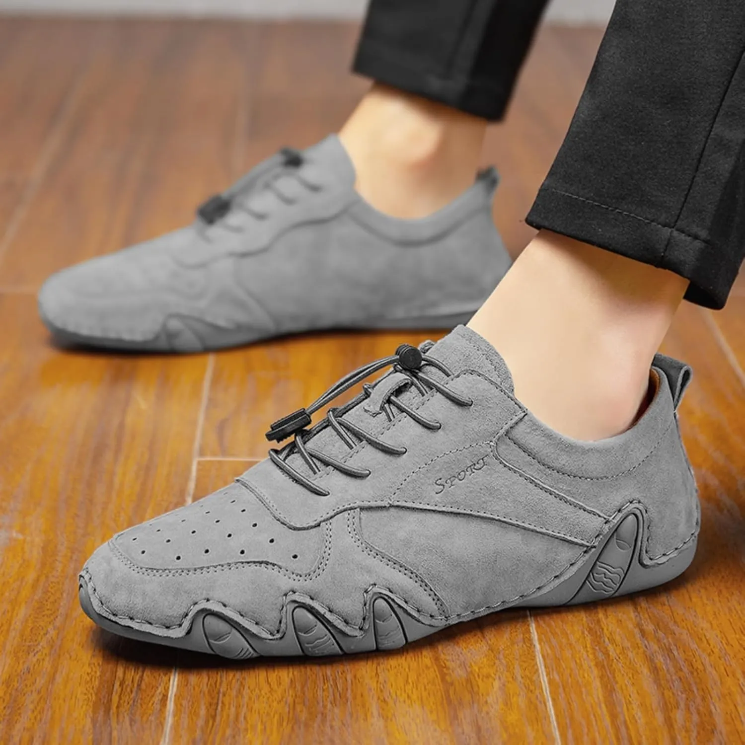 Men's Leather Slip-On Sneakers for Business Casual Breathable Lightweight Shoes with Elastic Laces & Non-Slip Sole - Vintage Driving Loafers & Outdoor Walking Shoes