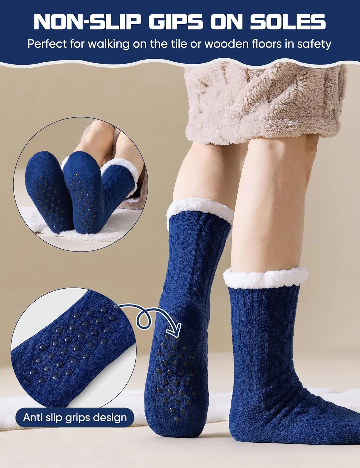 Mens Slipper Socks Winter Warm Fluffy Thick Heavy Thermal Fleece Lined Non Slip Home Socks