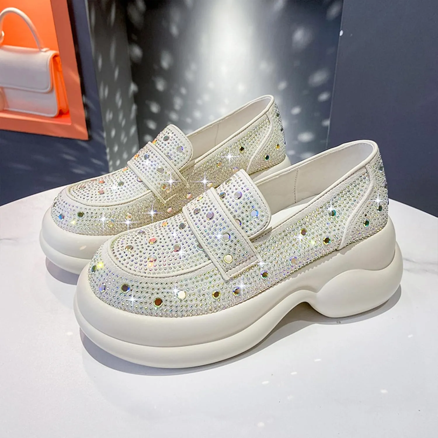 Optigard Women's Rhinestone Glitter Platform Loafers,Comfort Low Top Slip-On Shallow Mouth Bling Casual Flat Walking Sneakers Fashion Dresses Shoes