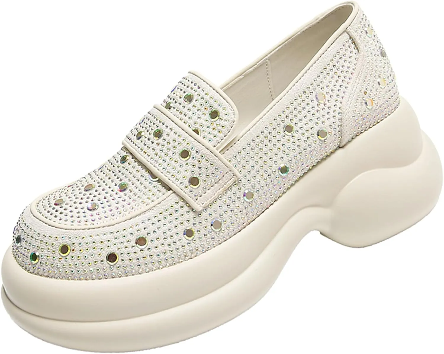 Optigard Women's Rhinestone Glitter Platform Loafers,Comfort Low Top Slip-On Shallow Mouth Bling Casual Flat Walking Sneakers Fashion Dresses Shoes
