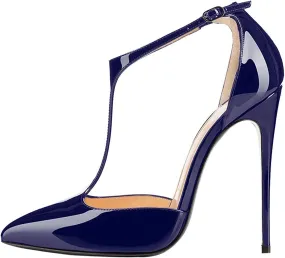 SAMMITOP Women's Pointed Toe High Heel Pumps T-Strap Dress Shoes 12cm Stilettos Heels