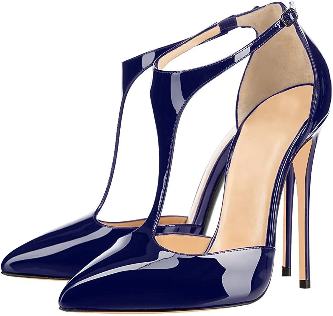 SAMMITOP Women's Pointed Toe High Heel Pumps T-Strap Dress Shoes 12cm Stilettos Heels