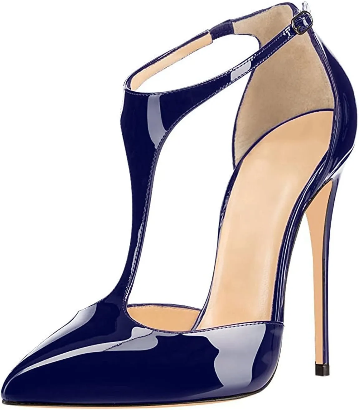 SAMMITOP Women's Pointed Toe High Heel Pumps T-Strap Dress Shoes 12cm Stilettos Heels