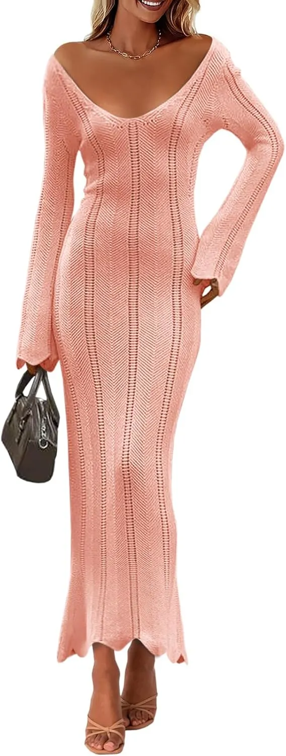Saodimallsu Womens Crochet Maxi Dress Bell Long Sleeve Sexy V Neck Bodycon Backless Knit Dresses Beach Swim Cover Up