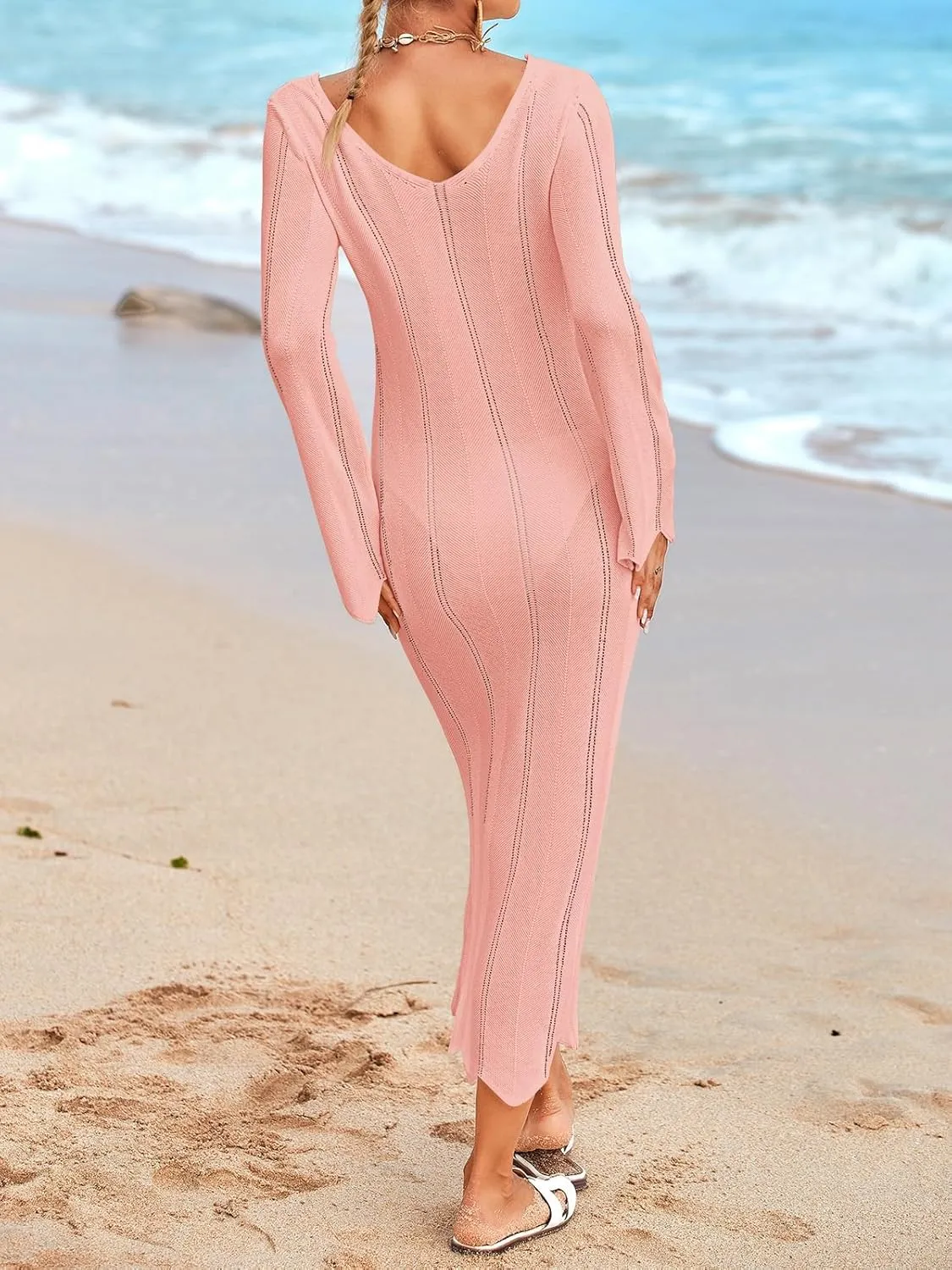 Saodimallsu Womens Crochet Maxi Dress Bell Long Sleeve Sexy V Neck Bodycon Backless Knit Dresses Beach Swim Cover Up