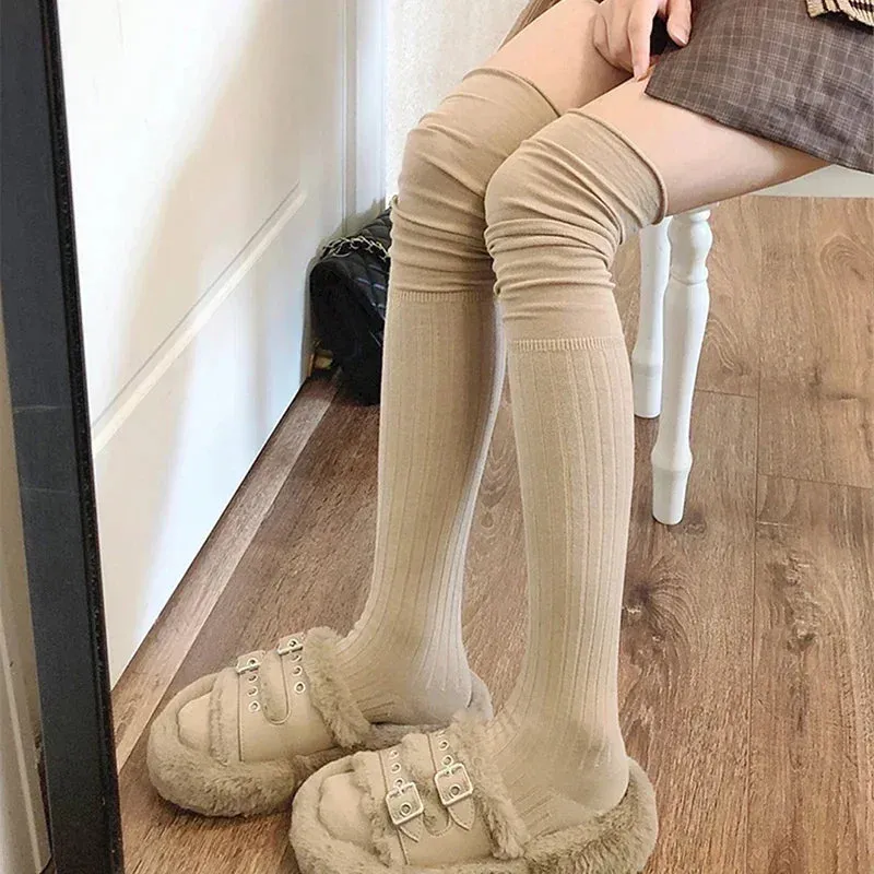 Sohiwoo Solid Color Thigh High Stockings Women Trendy Casual Over The Knee Female Long Socks Thermal Warm Cotton Tall Tube Leggings
