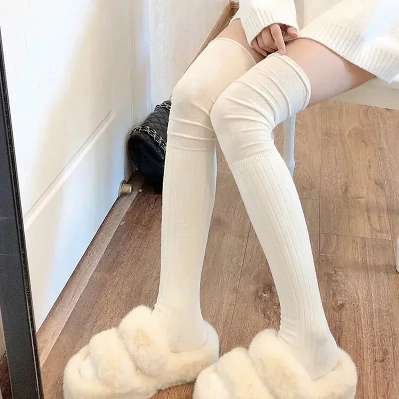 Sohiwoo Solid Color Thigh High Stockings Women Trendy Casual Over The Knee Female Long Socks Thermal Warm Cotton Tall Tube Leggings