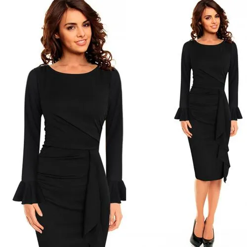 Vfemage Womens Elegant Frill Ruffles Ruched Draped Vintage Retro Tunic Slim Work Business Casual Party Bodycon Pencil Dress 6213